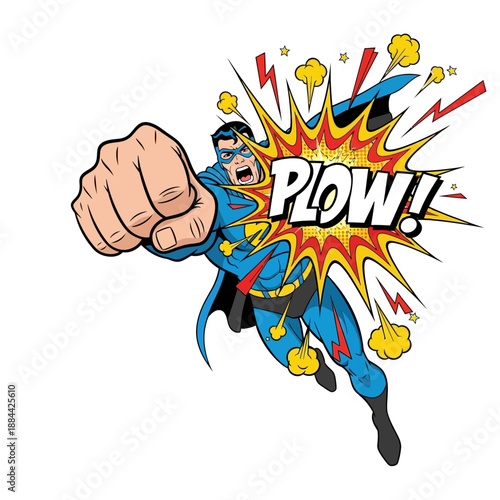 Superhero Punching with "PLOW!" Sound Effect, Comic Book Action