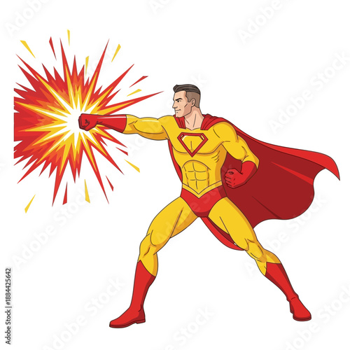 Superhero punching with energy blast, comic book style, action, power, strength