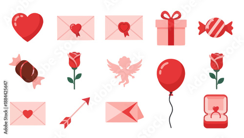 Valentine's Day Icons: Hearts, Roses, Envelopes, Gift, Cupid, Ring, Balloon