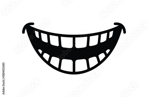 A cartoonish illustration of a wide, toothy grin on a white background