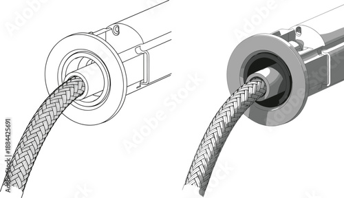 Industrial cable connector and braided wire detail vector illustration showing mechanical electrical component cross section isolated on white background