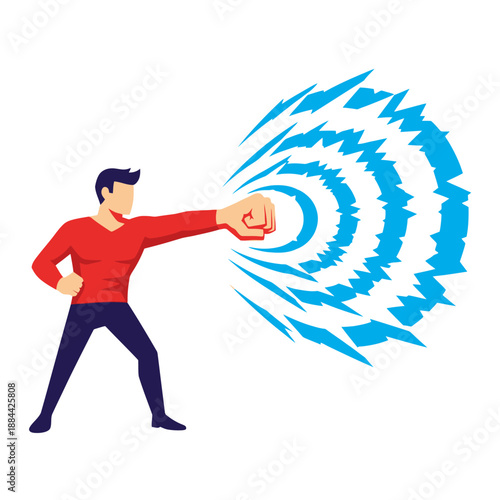 Superhero Punching with Blue Energy Blast, Action and Power Concept
