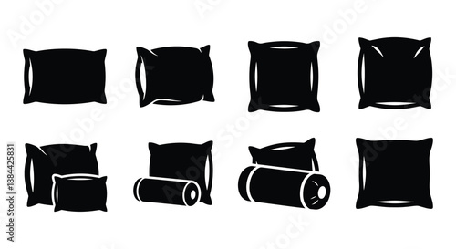 Black and white illustration displaying various shapes of decorative pillows