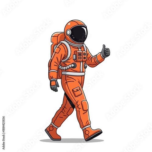 Astronaut Giving Thumbs Up Gesture, Walking in Orange Space Suit