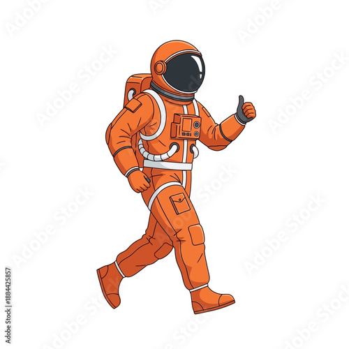 Astronaut Giving Thumbs Up While Walking, Space Exploration, Orange Suit