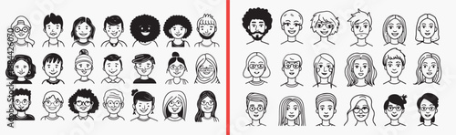 Family Members Character Collection Illustration Art, Hand Drawn People Portrait Sketch Design, Cute Parent Child Doodle Vector Clipart, Happy Family Drawing Bundle Graphics Stock, Diverse People Avat