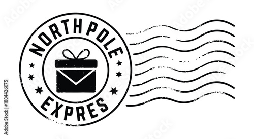 A black and white illustration of a North Pole Express stamp with a gift box and wavy lines on a white background.