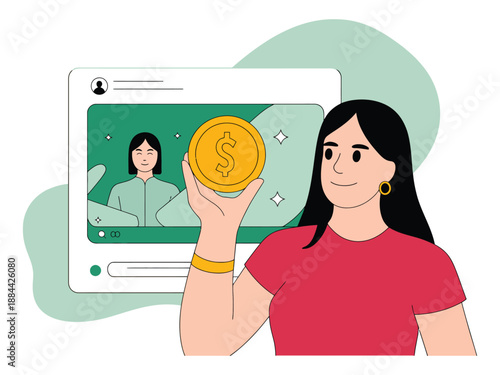 A cartoon woman holding a dollar coin in front of a video call screen with a green background.