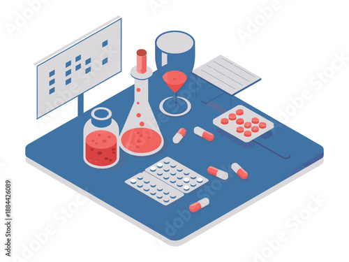 A blue desk with various medical supplies and equipment for research and development