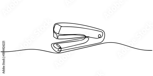 Stapler pinning, Stapler, staple, paper, cardboard, office equipment. Vector illustration isolated on white background. Continuous line drawing. Vector monochrome, drawing by lines