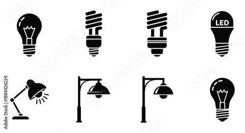 Various light bulb and lamp icons in a minimalist black and white style