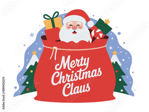 A cheerful cartoon Santa Claus peeking out of a large red sack with gifts and Christmas trees in the background.
