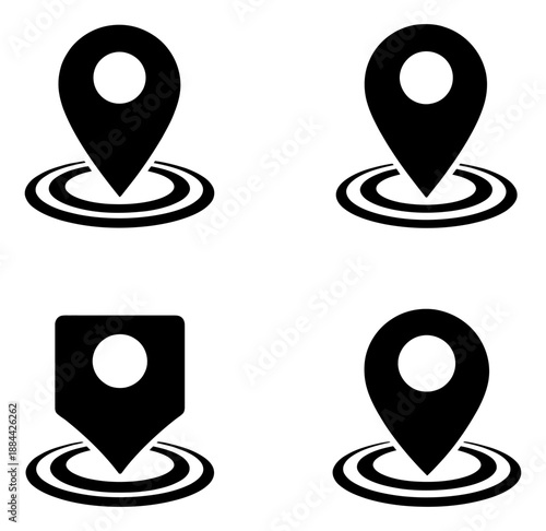 Modern icon set featuring various map marker and location pin symbols with signal circles for navigation, GPS, and geographic tracking applications