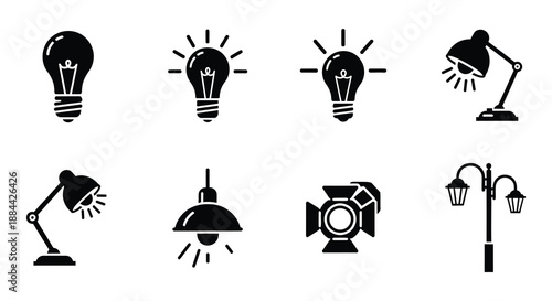 Various light bulb and lamp icons in a minimalist black and white style