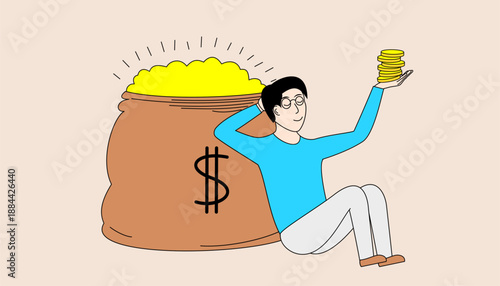 A man is sitting on the ground with a bag of gold coins in front of him