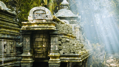 sunlit carved temple entrance bathed in golden shafts of light, ornate lintel and reliefs glowing, dust motes drifting through warm rays, tranquil glade framing