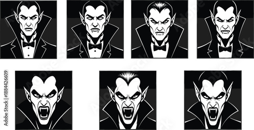 Vampire face expressions icon set black white horror character portraits gothic halloween monster illustration vector collection design