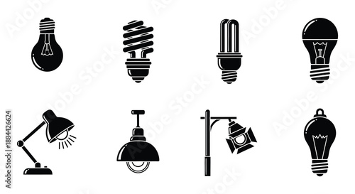 Various light bulb and lamp icons in a minimalist black and white style