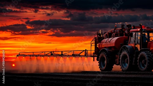 Agricultural Sprayer at Sunset Silhouetted Against Fiery Sky