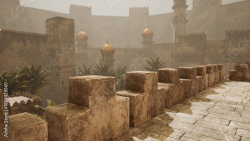 Sunlit sandstone battlements with distant citadel, palm silhouettes, dusty haze, expansive ramparts and weathered stone paving creating cinematic ancient