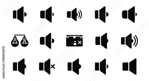 Collection of black speaker and sound volume icons on a white background