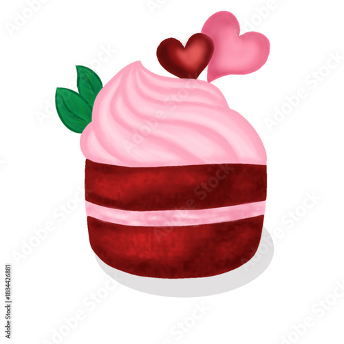 A red velvet cupcake decorated with pink icing and two hearts on top. Clipart with a Valentine's Day design or romantic theme.