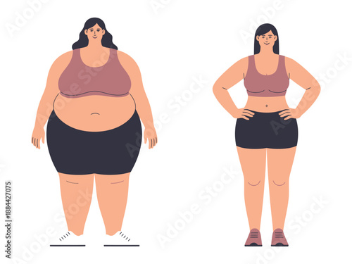 An illustration of a woman's weight loss transformation from obese to fit and healthy