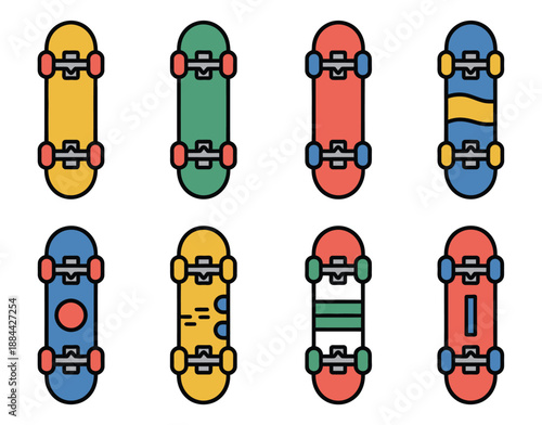 A colorful collection of skateboards with various designs and patterns