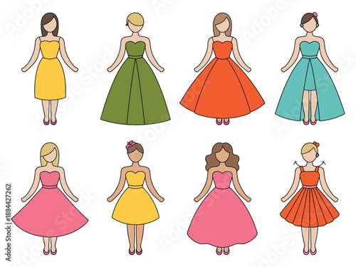 A group of cartoon women wearing different colored dresses in various styles and poses.