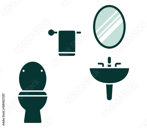 A graphic illustration of bathroom icons including a toilet, sink, mirror, and towel holder on a white background.
