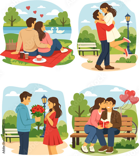 Set of romantic illustrations showing a loving couple spending time together in a park. Scenes of love, dating and relationships in flat style.