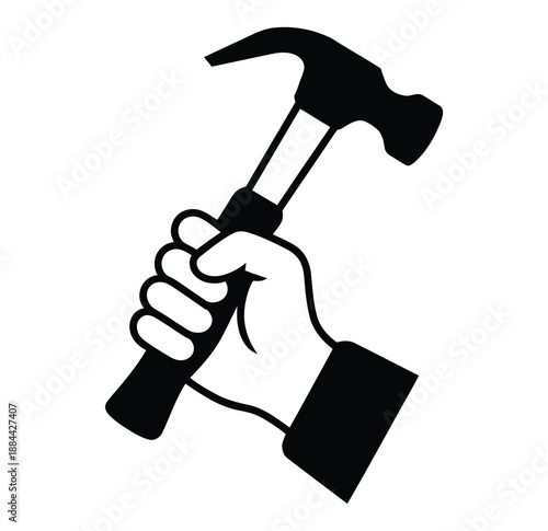 A hand holding a hammer in a powerful grip, ready for construction or repair work.