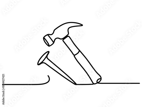 A simple line drawing of a hammer and nail on a white background