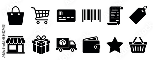 Set of black shopping and ecommerce icons including a cart, basket, credit card, and delivery truck for online retail and payment concepts, presented as simple glyphs