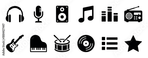 Collection of black music and audio icons including headphones, microphone, speaker, guitar, and piano in a minimalist glyph style for user interface design