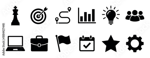 Collection of black business strategy icons representing project management concepts like goals, planning, ideas, and teamwork, including a target, chess piece, graph, and lightbulb
