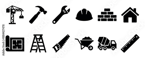 Set of black construction industry icons featuring a crane, hammer, wrench, hard hat, bricks, house, blueprint, ladder, saw, wheelbarrow, cement mixer, and ruler in a clean graphic style