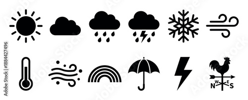 Collection of black weather forecast icons showing sun, cloud, rain, storm, snow, wind, temperature, and a rainbow for meteorological reports and climate graphics