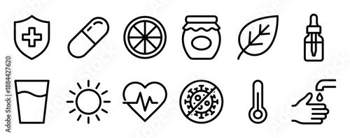 Health and wellness black linear icon set representing immunity, medicine, natural remedies, and hygiene for disease prevention in a simple, clean outline style