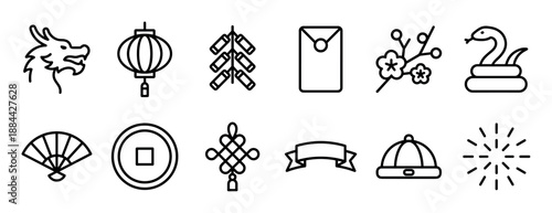 Set of black line icons representing traditional Chinese New Year symbols like a dragon, lantern, firecracker, snake, fan, coin, and mystic knot in a minimalist outline style