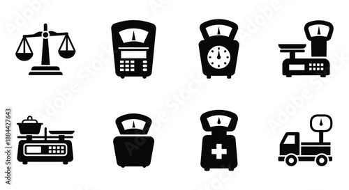 Collection of various weighing scales and measurement devices in black silhouette
