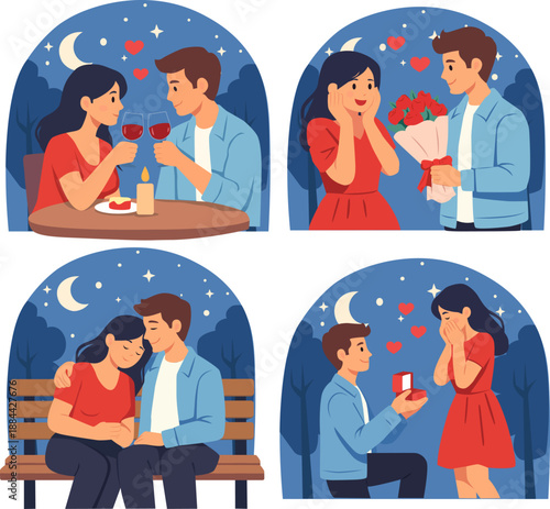 Set of cute romantic date scenes showing couples spending time together during evening and night dates.