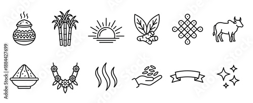 Collection of black line art icons for a harvest festival celebration featuring a boiling pot, sugarcane, sunrise, turmeric, cow, and kolam design in a minimalist vector style