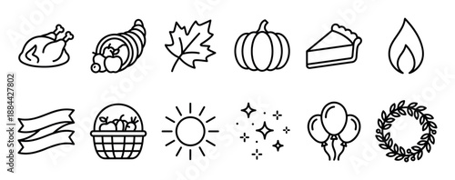 Set of twelve black line icons for Thanksgiving celebration includes a turkey, cornucopia, pumpkin, pie, and other autumn harvest symbols in a minimalist outline style