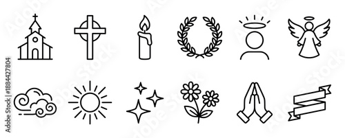 Christian memorial and funeral thin line icon set featuring a church, cross, angel, praying hands, candle, and wreath for remembrance and spirituality concepts