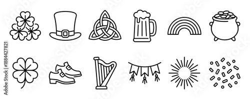 Set of St. Patrick's Day icons in a minimalist black line art style, featuring a shamrock, leprechaun hat, pot of gold, harp, beer mug, and other traditional holiday symbols