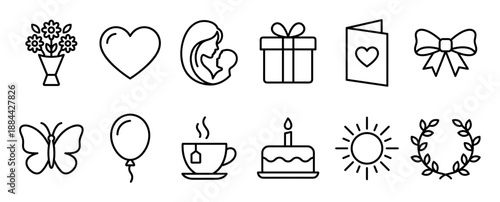 Set of black line art icons for Mother's Day and birthdays featuring a heart, gift, cake, and mother with child symbols for celebration and love in a minimalist vector style