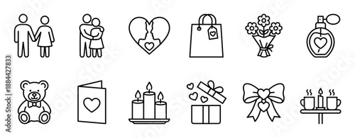 Set of black line icons for love and romance, featuring symbols for dating and relationships like a couple, heart, gift, flowers, teddy bear, perfume, and candles