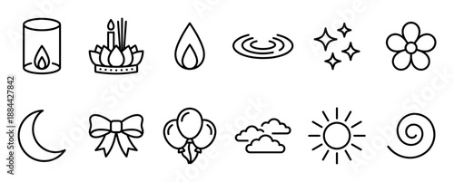 Wallpaper Mural Collection of black line art icons representing festival, celebration, and nature elements in a minimalist vector style, featuring a lantern, krathong, sun, moon, and balloons Torontodigital.ca