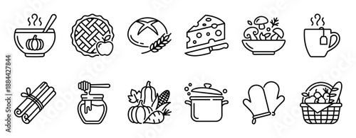 Set of twelve black line art icons featuring autumn food and cooking symbols like pumpkin soup, apple pie, bread, and harvest vegetables in a minimalist, linear style